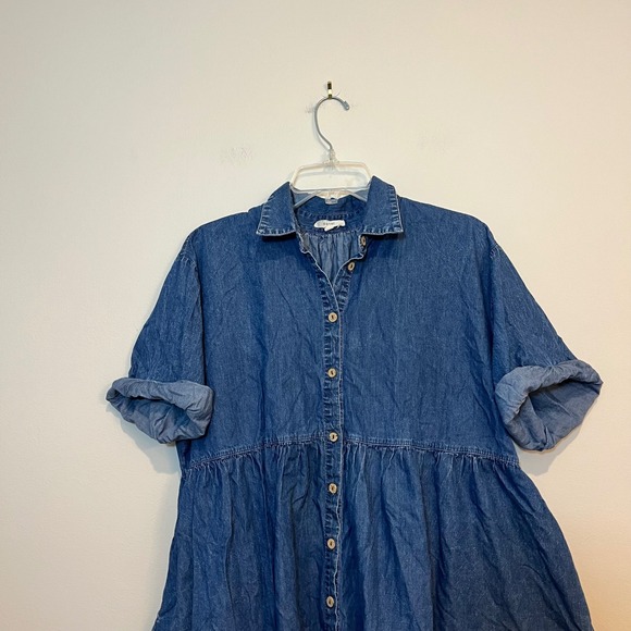 Easel Denim Dress Short Sleeve Button Babydoll Ruffle Lagenlook Boho Small - Picture 3 of 4